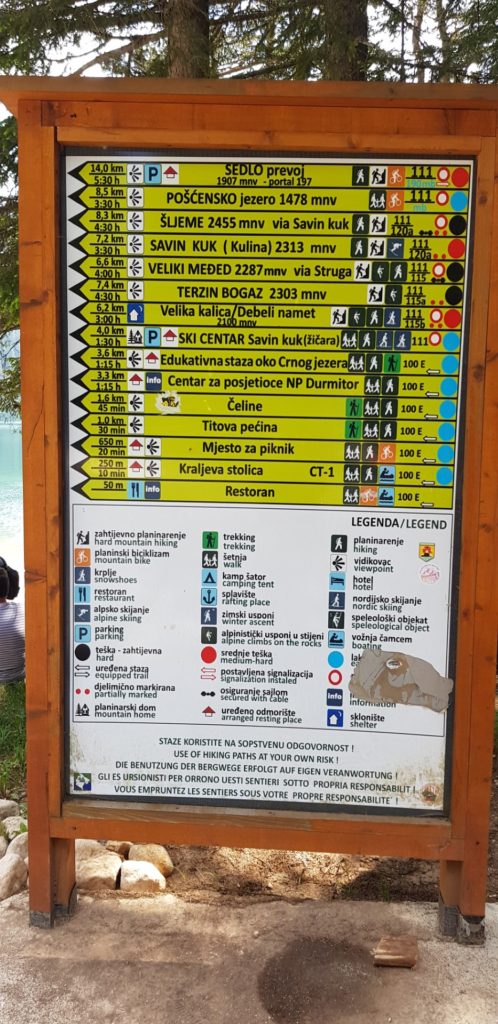 Znak z listą tras Czarne Jezioro Durmitor Czarnogóra