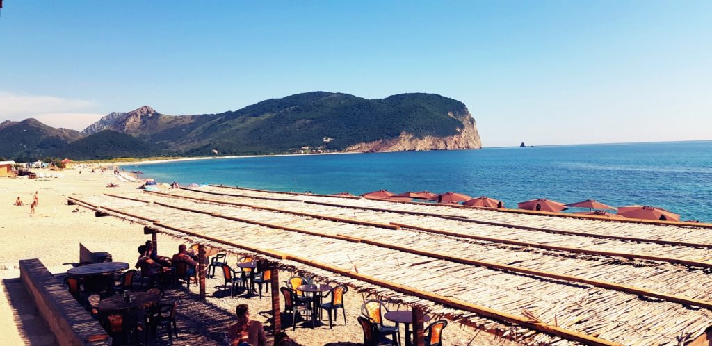 Zatoka w Czarnogórze, plaża i błękitne morze, w tle zalesiony klif.