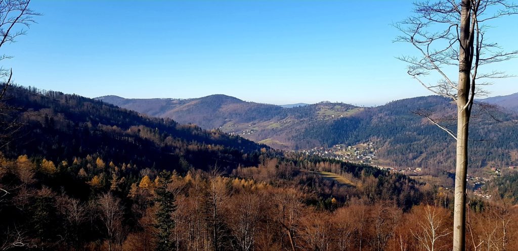 Panorama gór widziana ze szlaku przy bezchmurnym niebie.