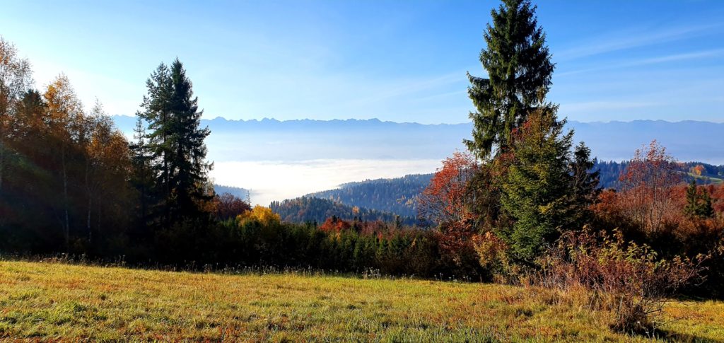 Panorama Tatr widziana ze szlaku na Turbacz, słoneczny dzień w Górach.