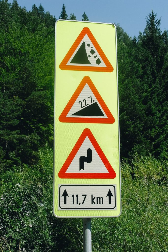 Znak drogowy przy wjeździe na Mangart.