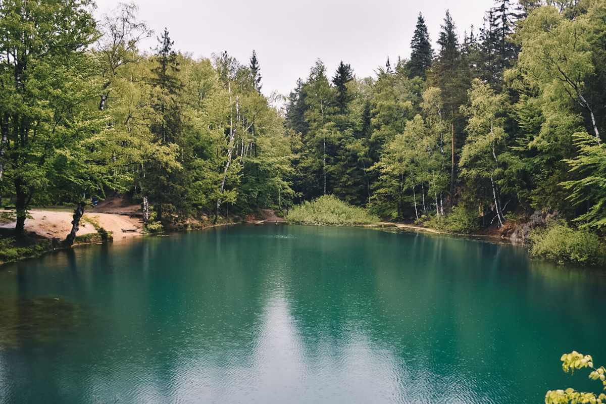 Turkusowe Jezioro w Rudawach Janowickich otoczone lasem.