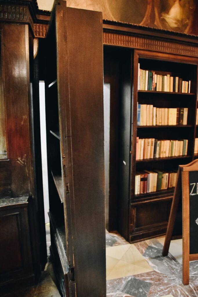 Tajne przejście w zamku za regałem z książkami.